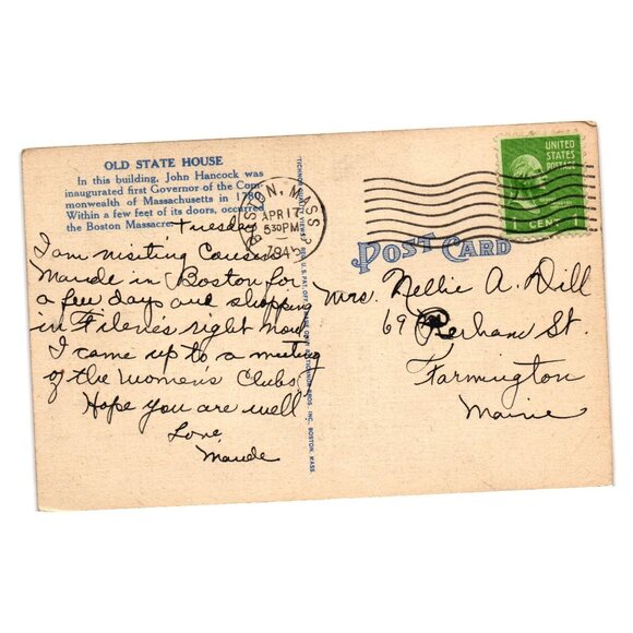 Old State House Boston MA Vintage Linen Postcard 1943 Postmarked Writing Used - Picture 2 of 2